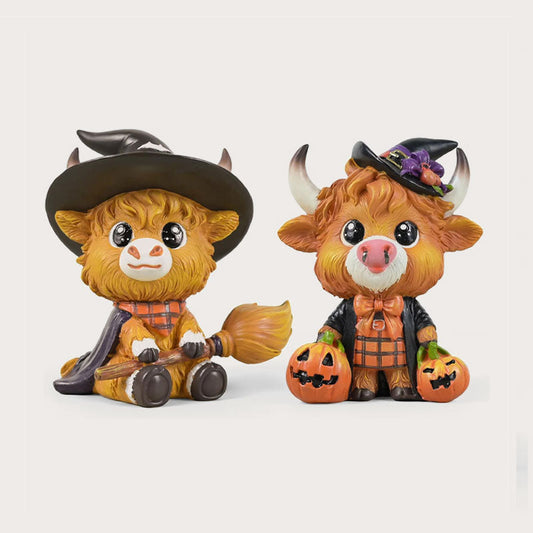 🎃 Söt Highlandko-nisse – Halloween-Bordsprydnad 👻