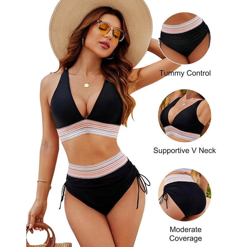 đ„S~4XL tillgĂ€ngligđ„2025 Bikinisets med hög midja och magkontroll i fĂ€rgblock