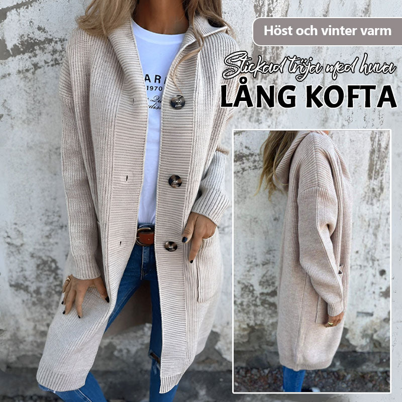 đ Varm stickad lĂ„ng kofta med huva för höst och vinter