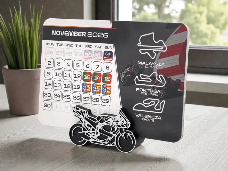 Racing-Perfektion: Unik MotoGP 2026-Kalender med Motorcykelställ