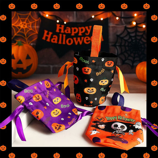 Perfekt för trick or treat! Rymlig godispåse för barn med roliga Halloween-motiv