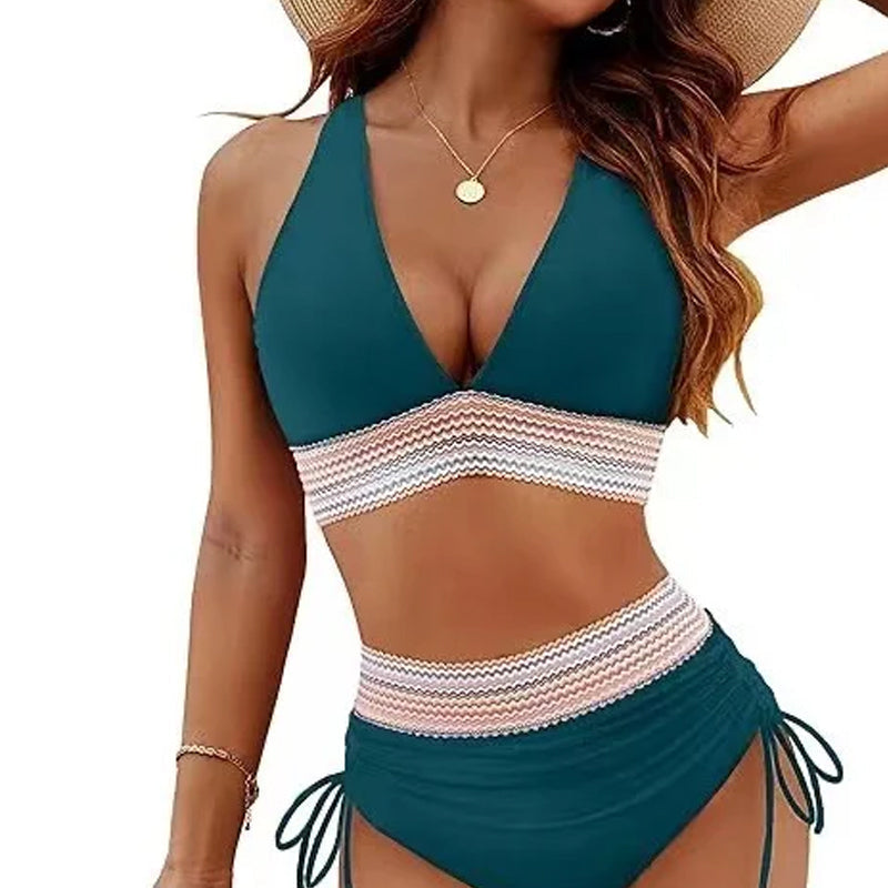 🔥S~4XL tillgänglig🔥2025 Bikinisets med hög midja och magkontroll i färgblock