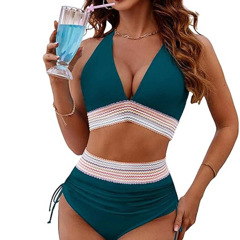 🔥S~4XL tillgänglig🔥2025 Bikinisets med hög midja och magkontroll i färgblock