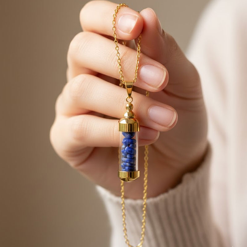 🌈 Krystall Halsband: Fyllbar Önskeflaska med Kärlek, Tur och Mod stenar 🍀