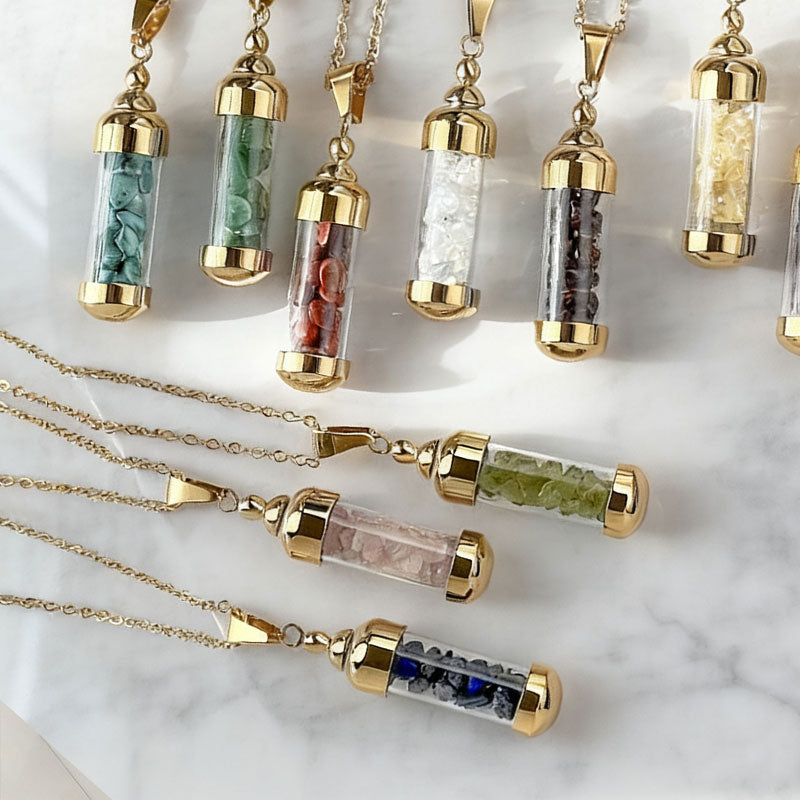 🌈 Krystall Halsband: Fyllbar Önskeflaska med Kärlek, Tur och Mod stenar 🍀