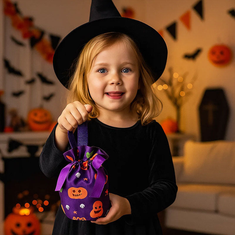 Perfekt för trick or treat! Rymlig godispåse för barn med roliga Halloween-motiv