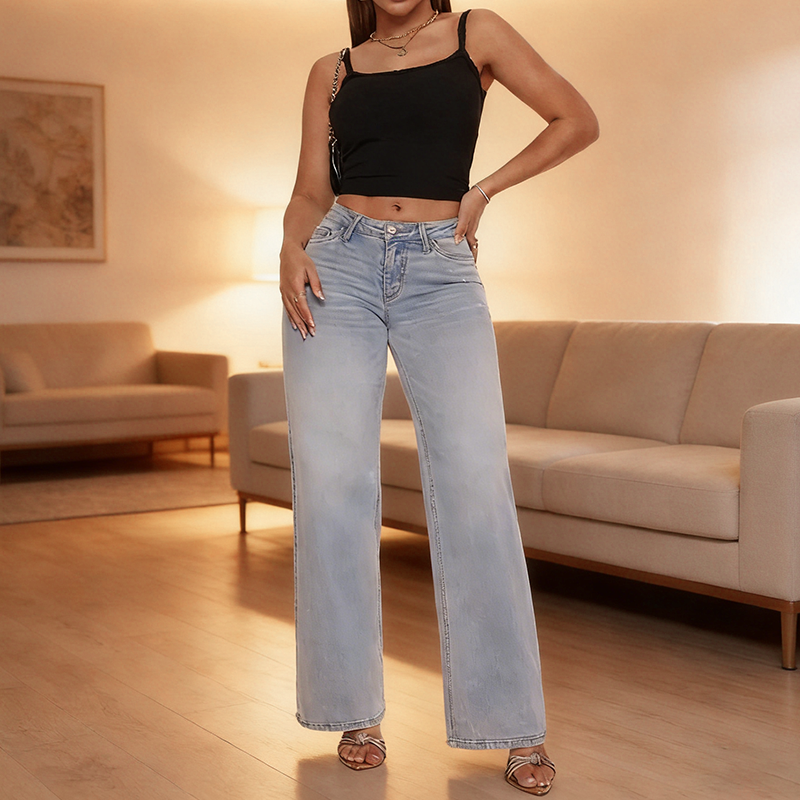 Straight-Leg Jeans med Stretch – Formgivande Passform & Mellanhög Midja 👖