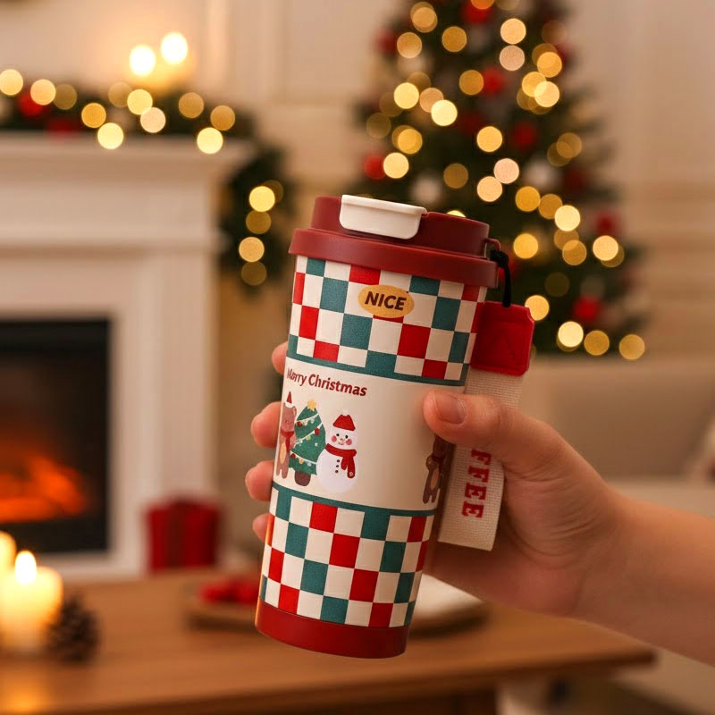 🎄 Julmugg i Rostfritt Stål med Sugrör 🎅