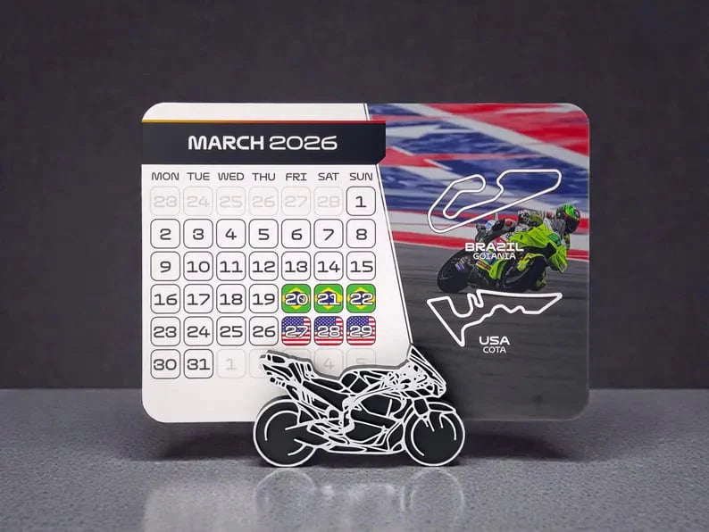 Racing-Perfektion: Unik MotoGP 2026-Kalender med Motorcykelställ