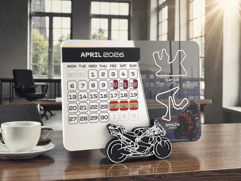 Racing-Perfektion: Unik MotoGP 2026-Kalender med Motorcykelställ