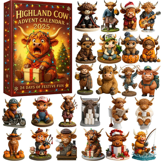 🐮 Highland Cow Adventskalender 2025 🎄✨ – 24 st Handgjorda 3D-figurer
