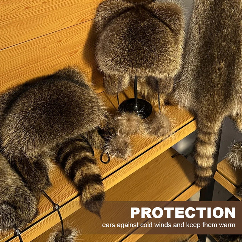 💥 50 % Black Friday! Lyxig mössa i fuskpäls (tvättbjörnsvans) 🦌 | Vinter & utomhus ❄️